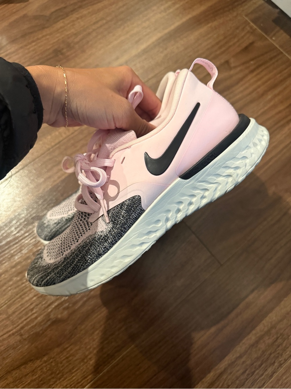 Nike Women's Pink and Gray Knit Training Shoe with Black Swoosh